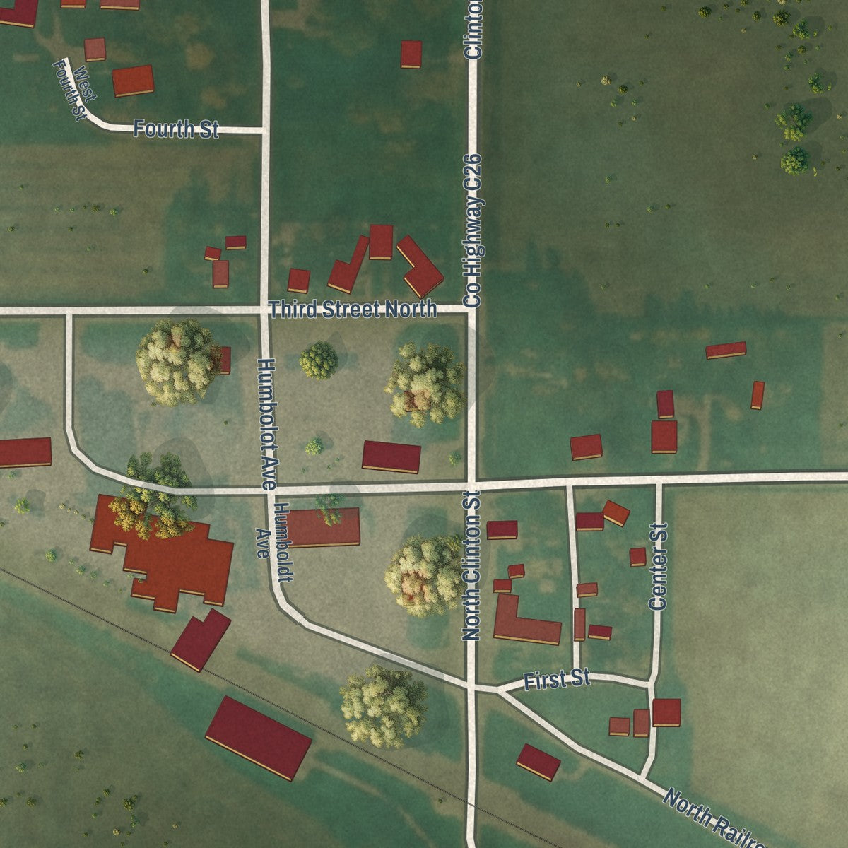 Close-up of the map of Hardy, Iowa print showing street and building detail