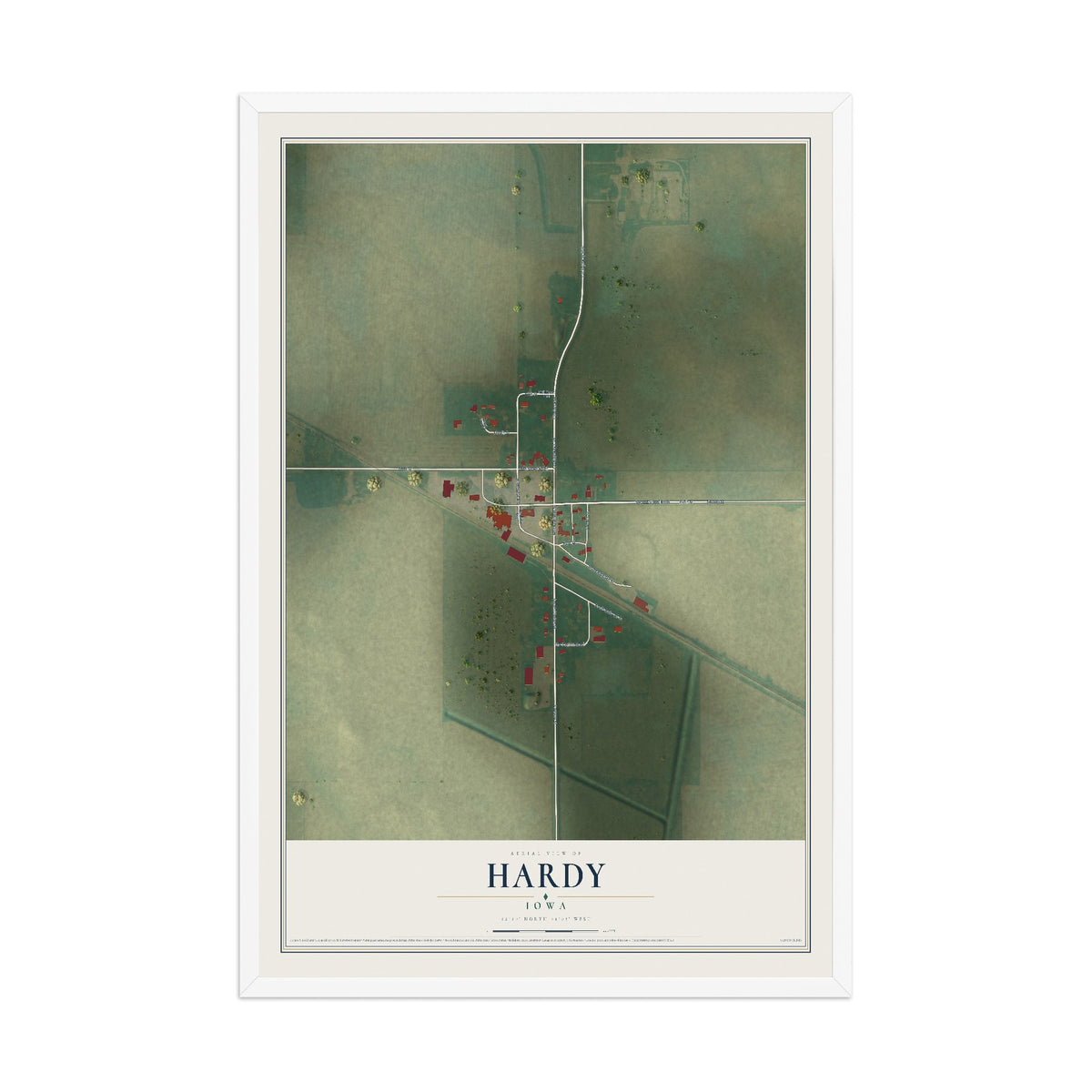 Map of Hardy, Iowa, 12 x 18 inch print in a white wood frame