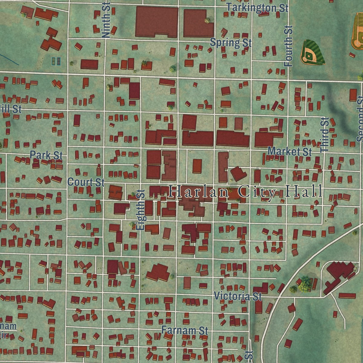 Close-up of the map of Harlan, Iowa print showing street and building detail