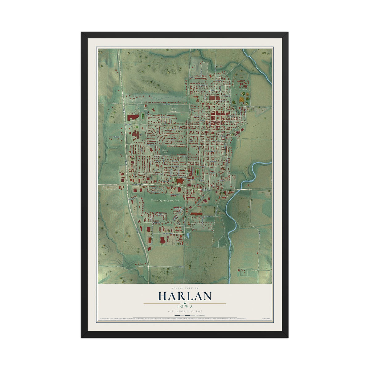 Map of Harlan, Iowa, 12 x 18 inch print in a black wood frame