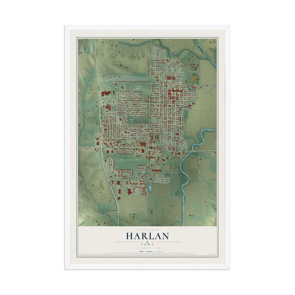 Map of Harlan, Iowa, 12 x 18 inch print in a white wood frame