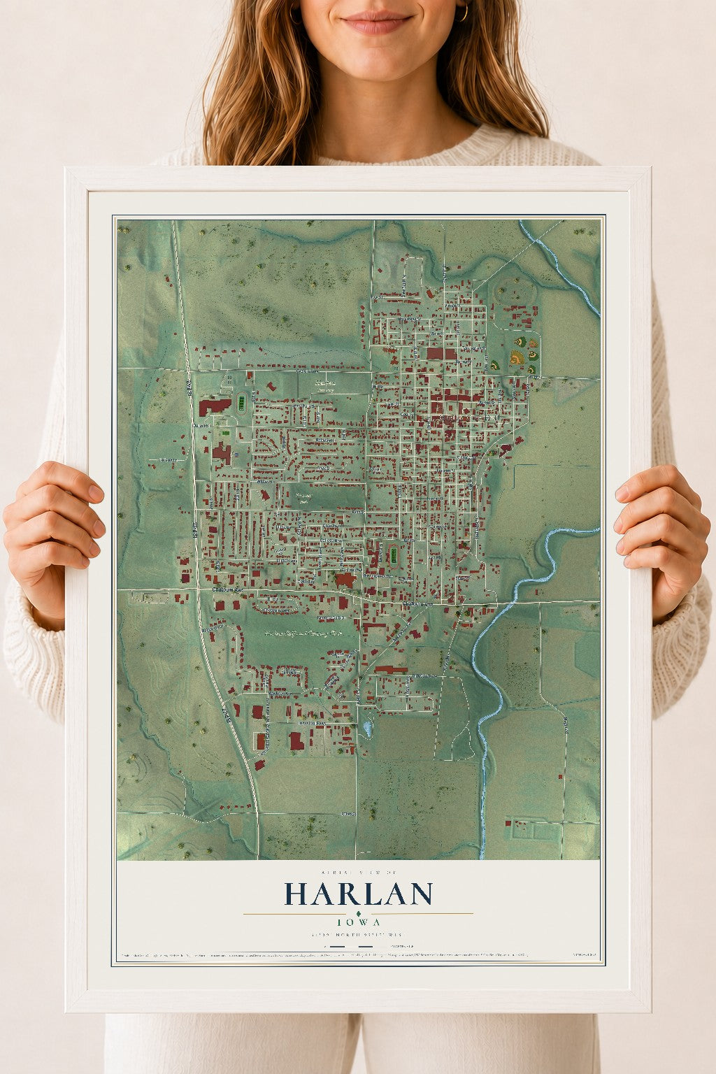 Map of Harlan, Iowa, 18 x 24 inch print in a white wood frame