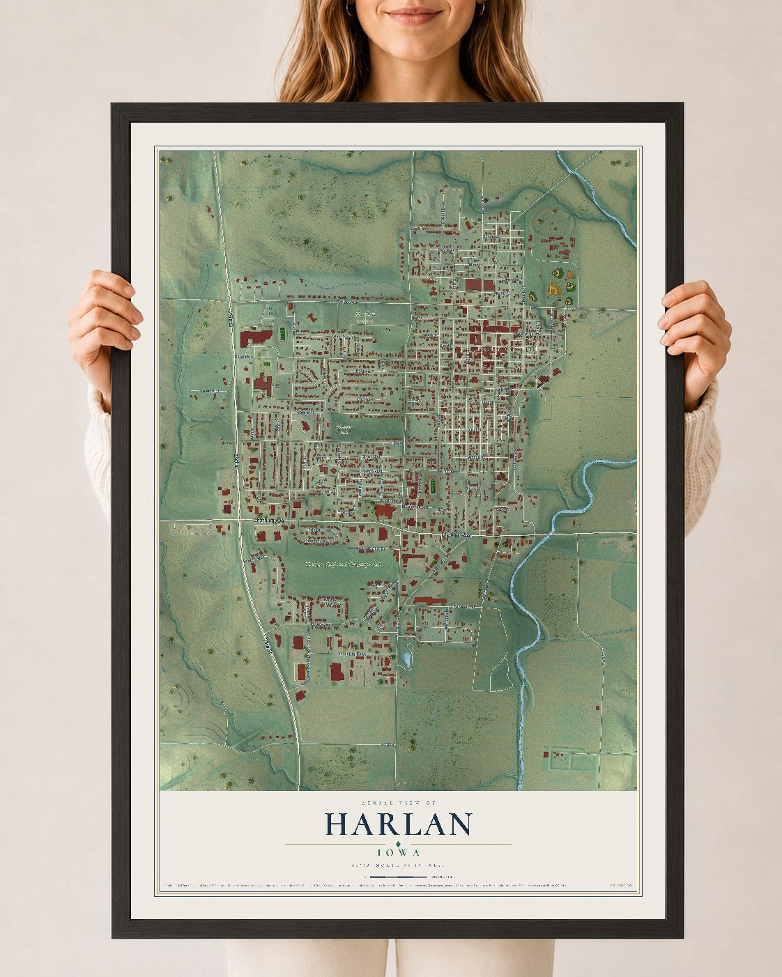 Map of Harlan, Iowa, 24 x 36 inch print in a black wood frame