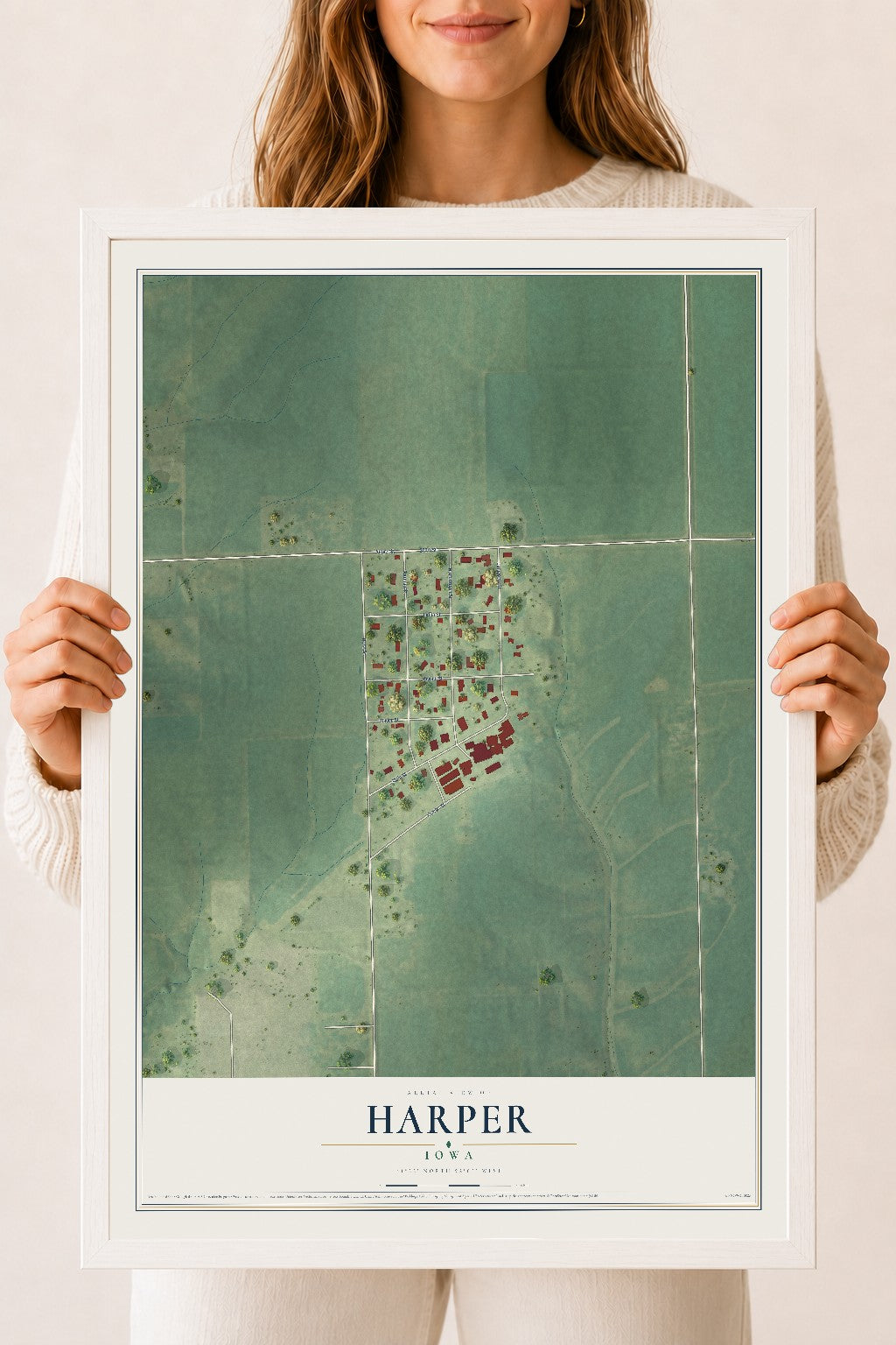 Map of Harper, Iowa, 18 x 24 inch print in a white wood frame