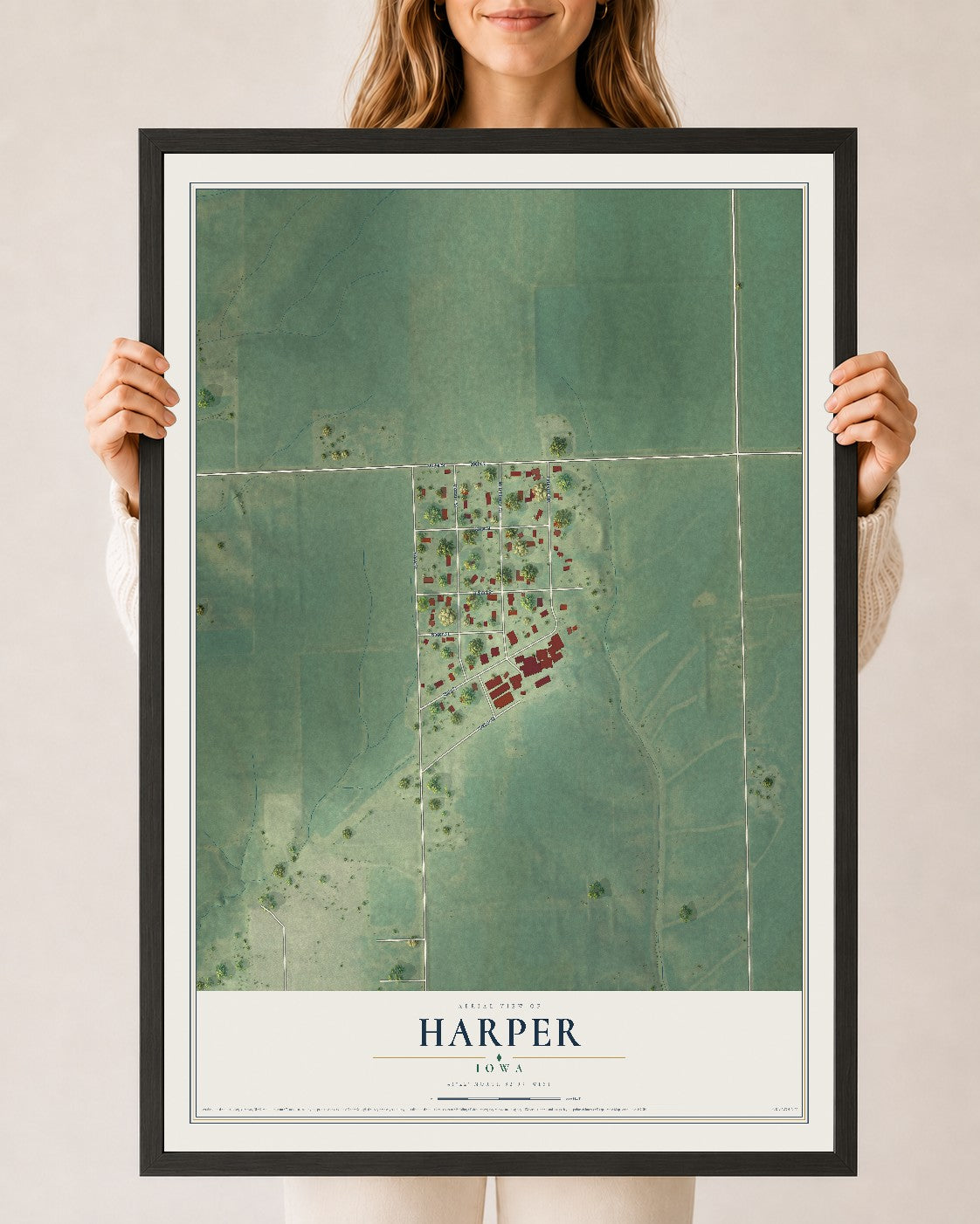 Map of Harper, Iowa, 24 x 36 inch print in a black wood frame