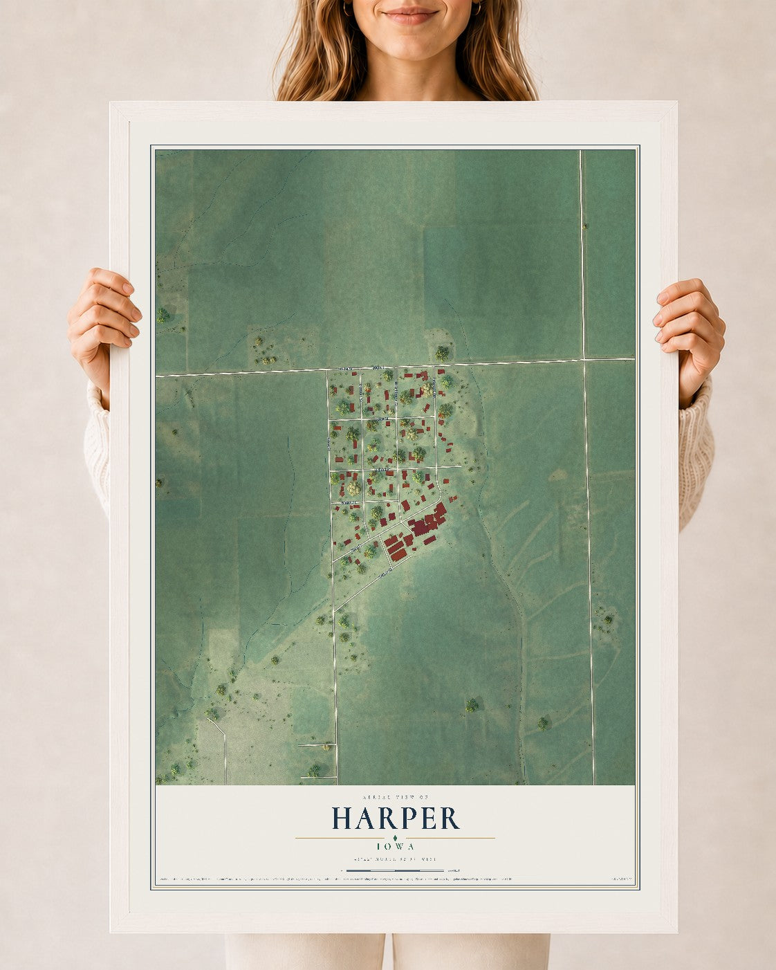Map of Harper, Iowa, 24 x 36 inch print in a white wood frame