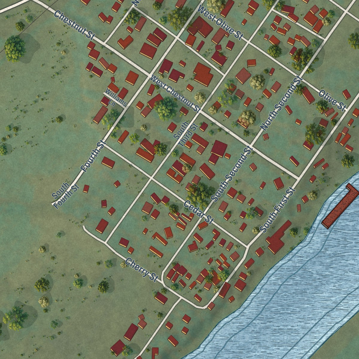 Close-up of the map of Harpers Ferry, Iowa print showing street and building detail