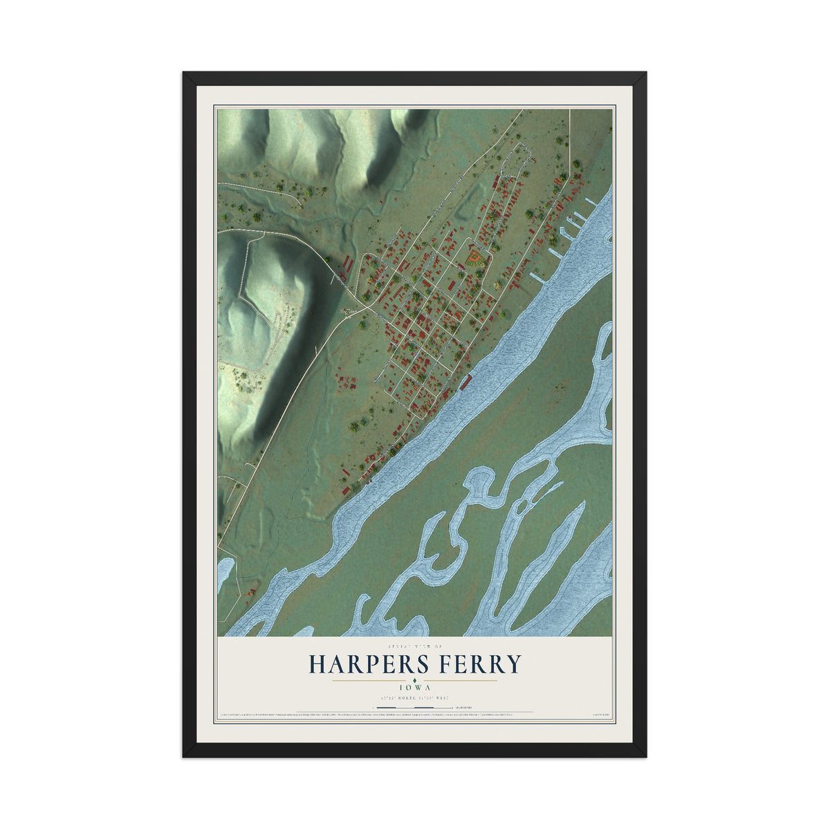 Map of Harpers Ferry, Iowa, 12 x 18 inch print in a black wood frame