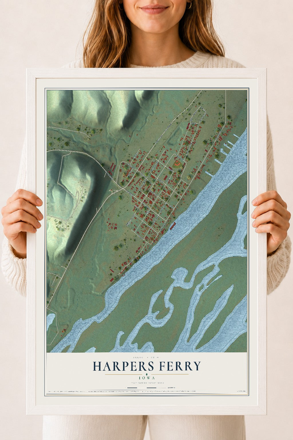 Map of Harpers Ferry, Iowa, 18 x 24 inch print in a white wood frame