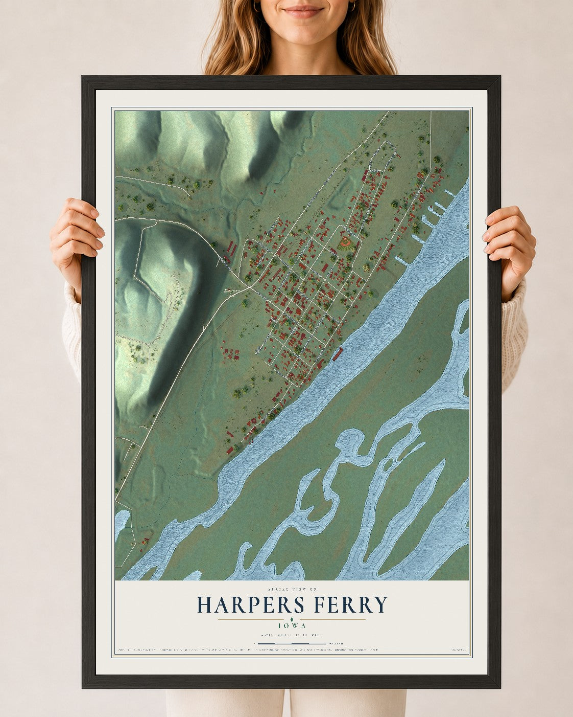 Map of Harpers Ferry, Iowa, 24 x 36 inch print in a black wood frame
