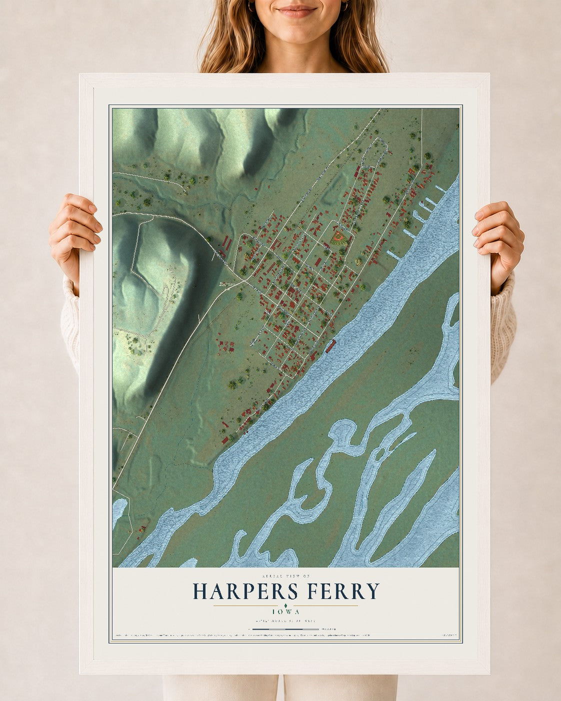 Map of Harpers Ferry, Iowa, 24 x 36 inch print in a white wood frame