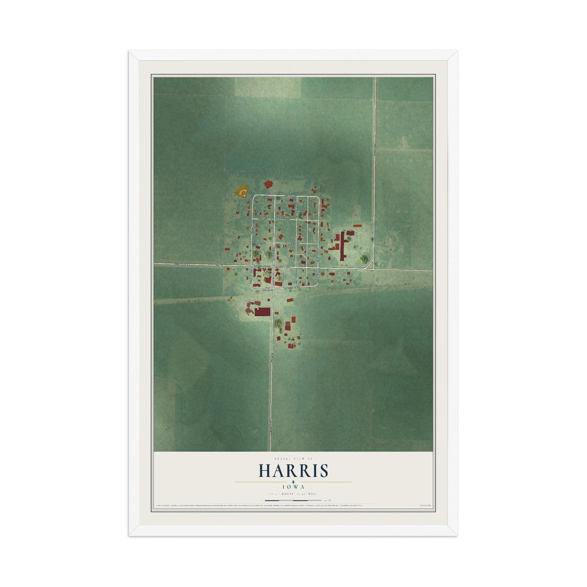 Map of Harris, Iowa, 12 x 18 inch print in a white wood frame