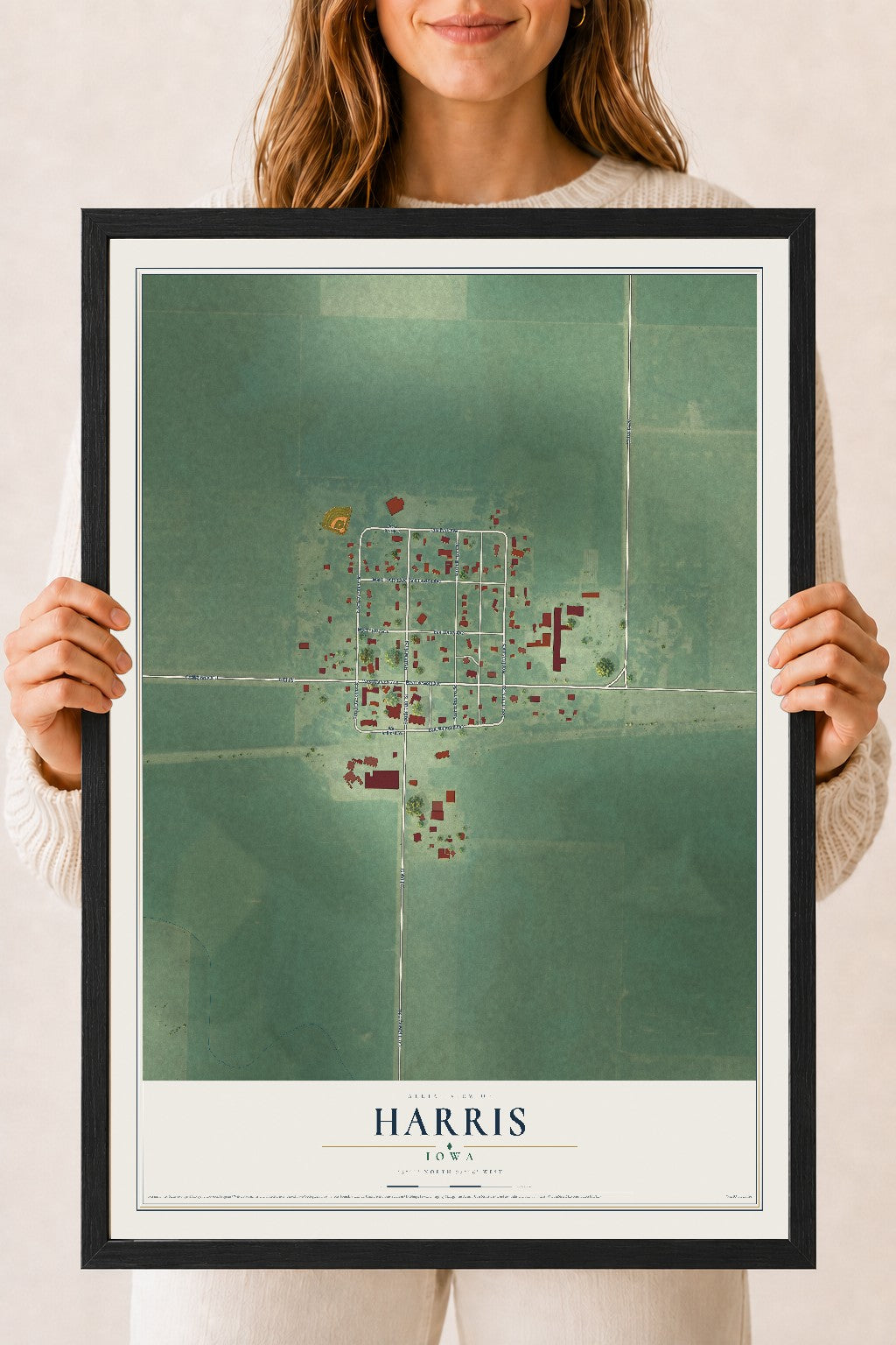 Map of Harris, Iowa, 18 x 24 inch print in a black wood frame