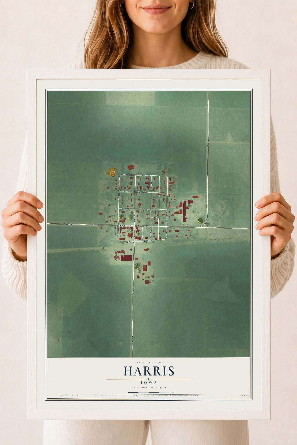 Map of Harris, Iowa, 18 x 24 inch print in a white wood frame