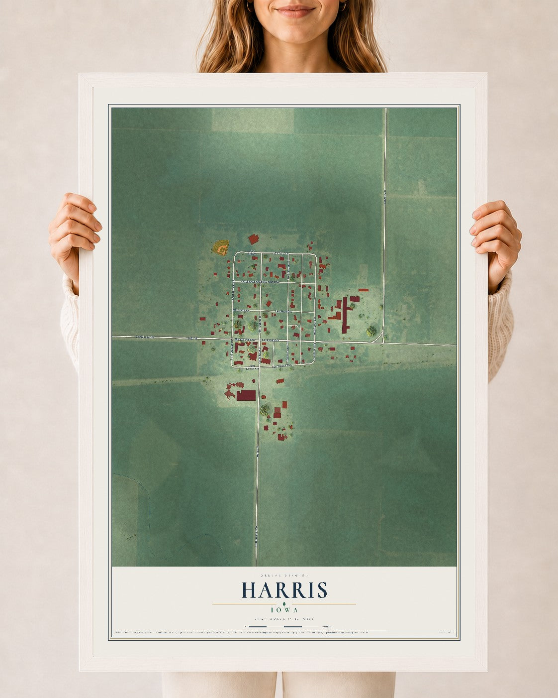 Map of Harris, Iowa, 24 x 36 inch print in a white wood frame