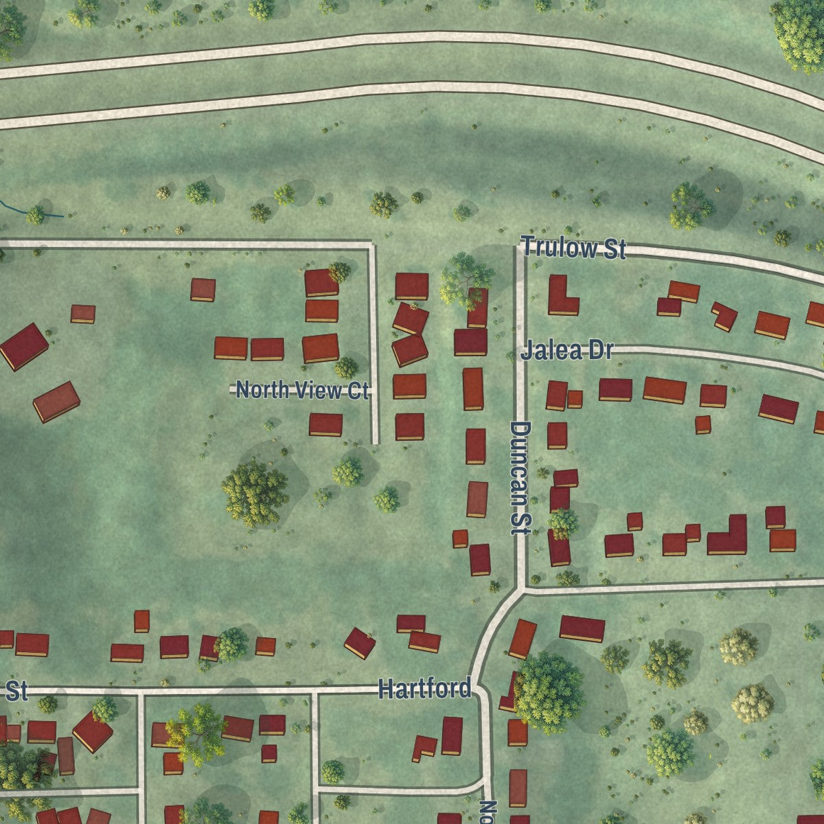 Close-up of the map of Hartford, Iowa print showing street and building detail