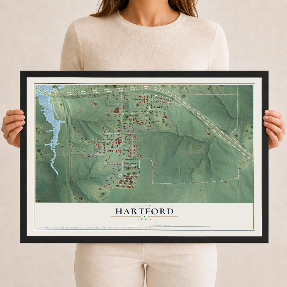 Map of Hartford, Iowa, 12 x 18 inch print in a black wood frame