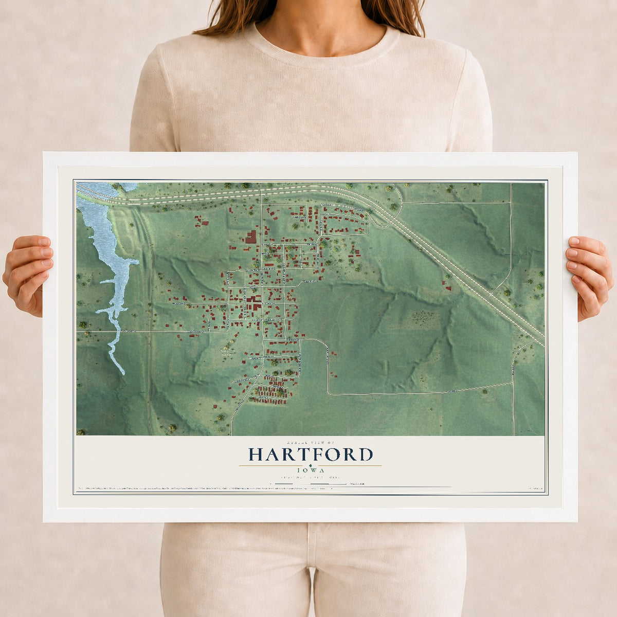 Map of Hartford, Iowa, 12 x 18 inch print in a white wood frame