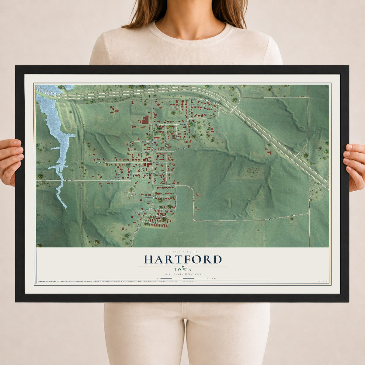 Map of Hartford, Iowa, 18 x 24 inch print in a black wood frame