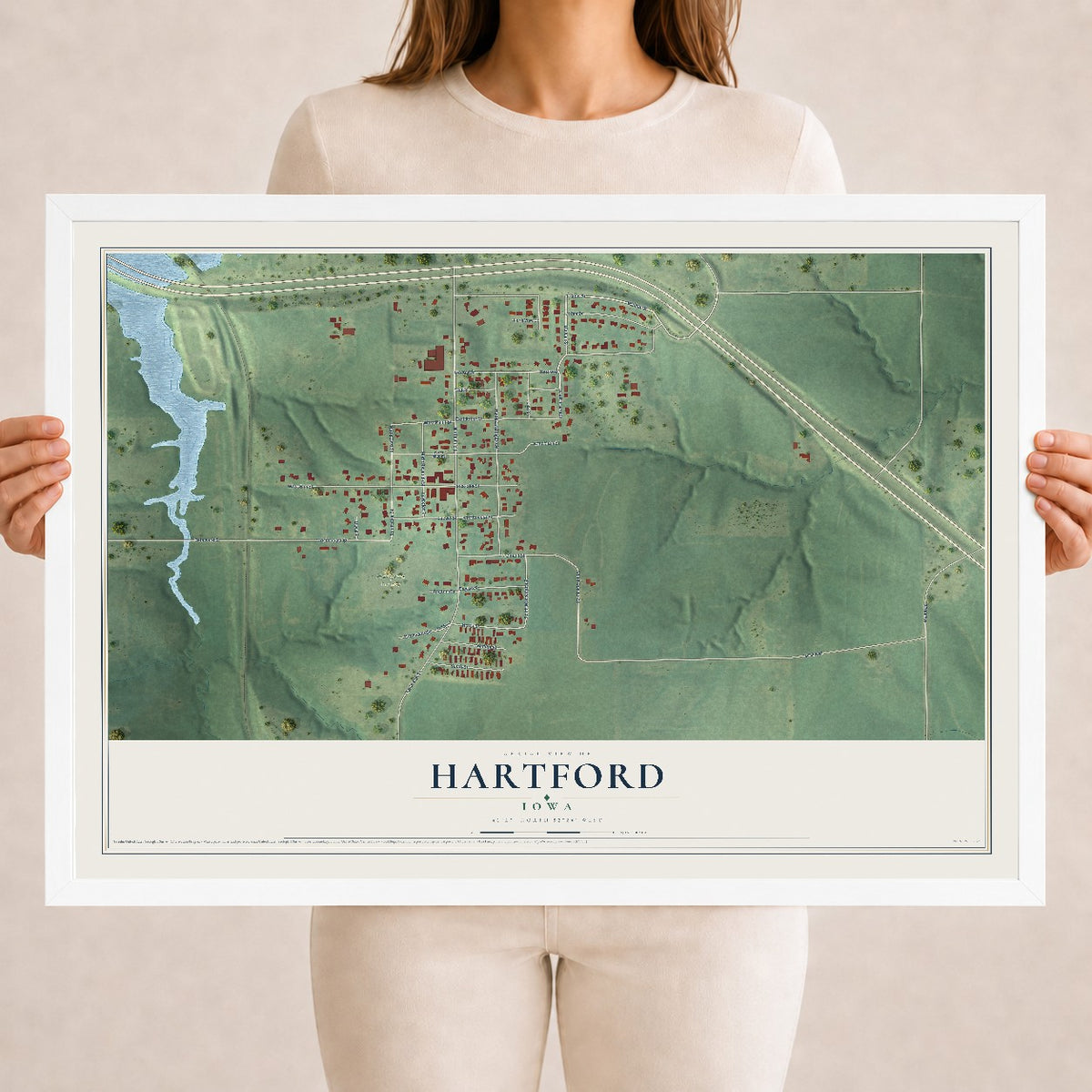 Map of Hartford, Iowa, 18 x 24 inch print in a white wood frame