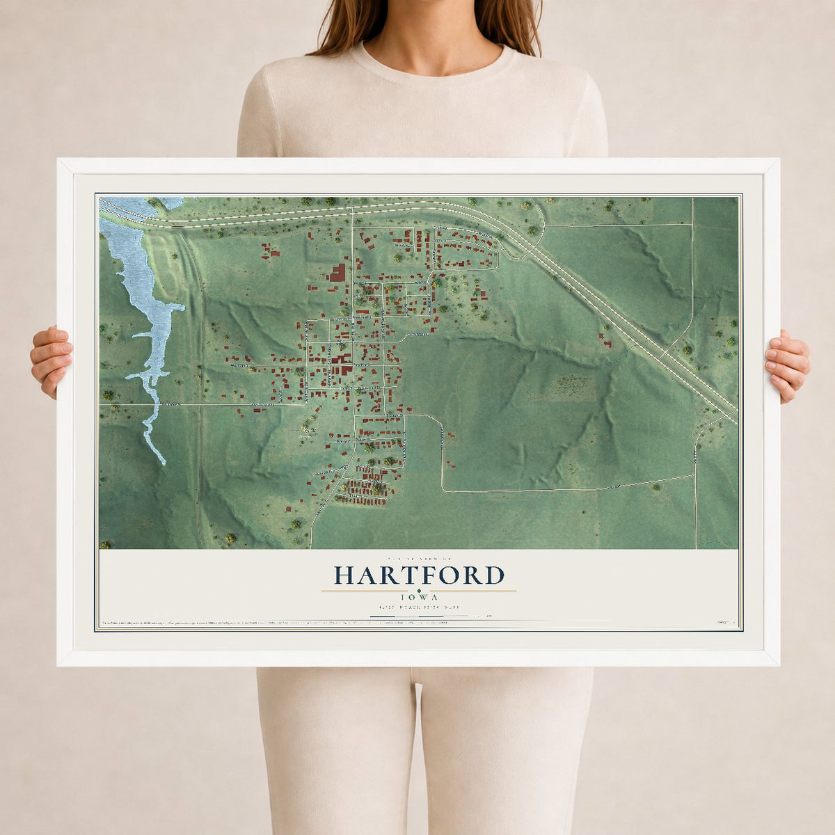 Map of Hartford, Iowa, 24 x 36 inch print in a white wood frame