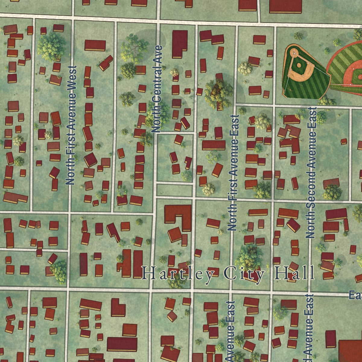 Close-up of the map of Hartley, Iowa print showing street and building detail