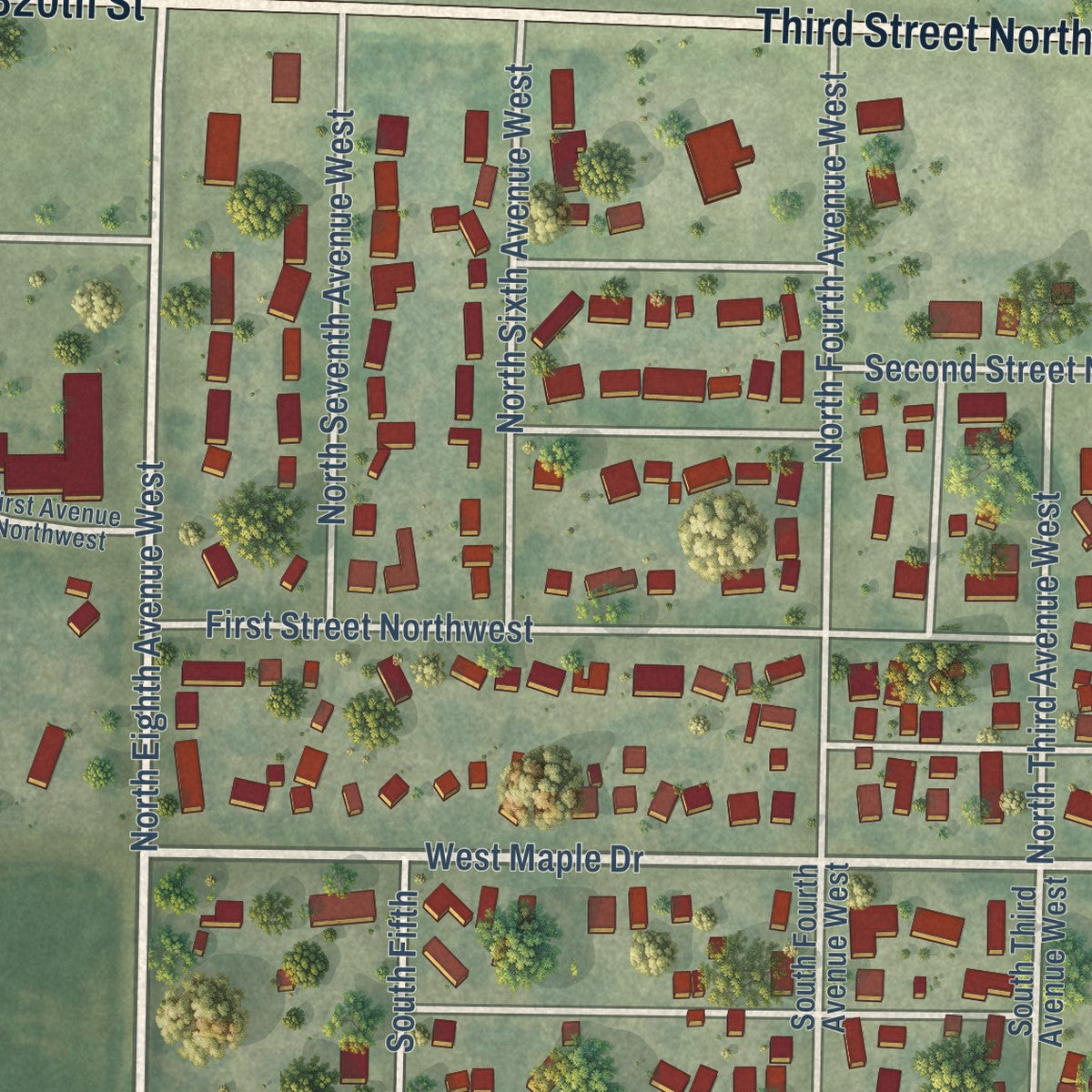 Second close-up of the map of Hartley, Iowa print showing more streets and buildings