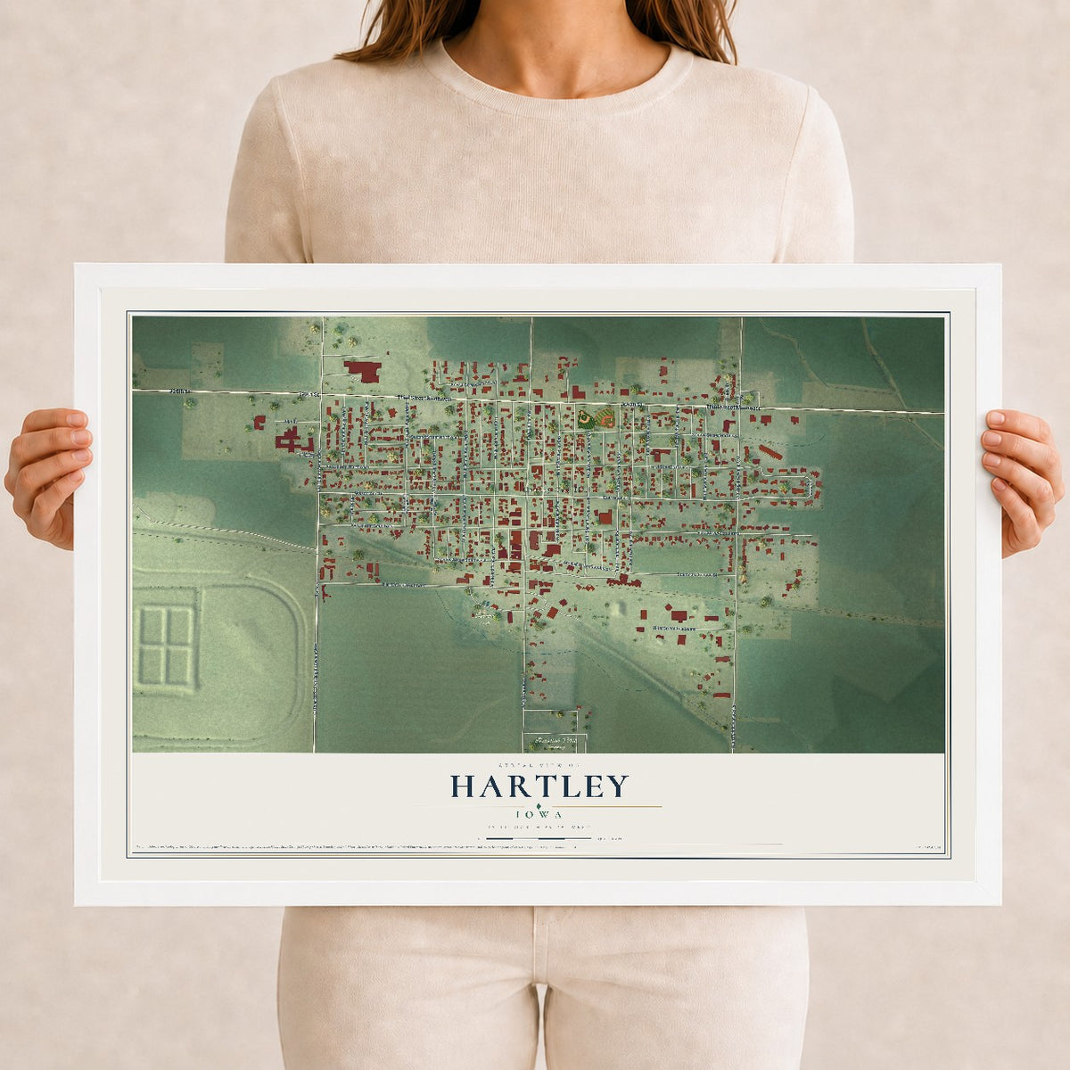 Map of Hartley, Iowa, 12 x 18 inch print in a white wood frame