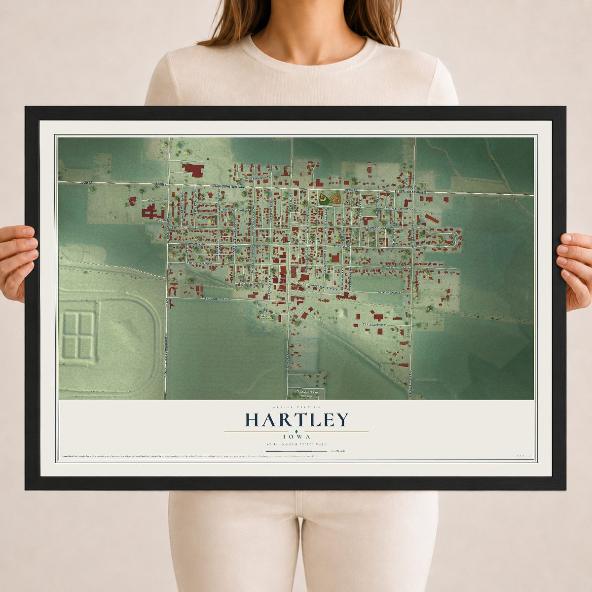 Map of Hartley, Iowa, 18 x 24 inch print in a black wood frame