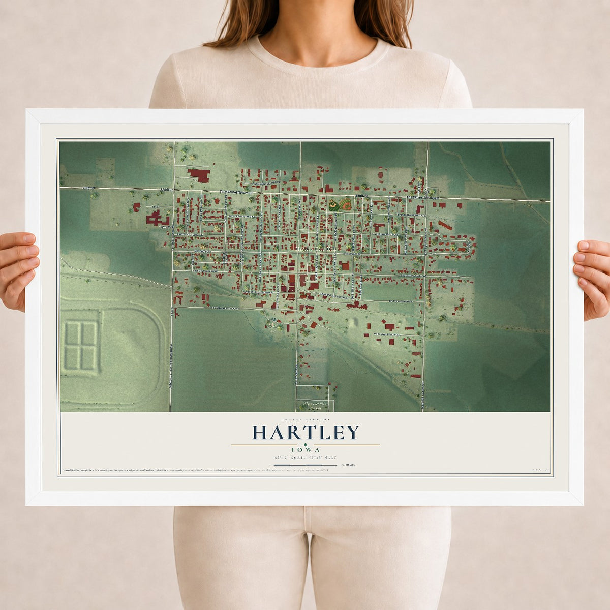 Map of Hartley, Iowa, 18 x 24 inch print in a white wood frame