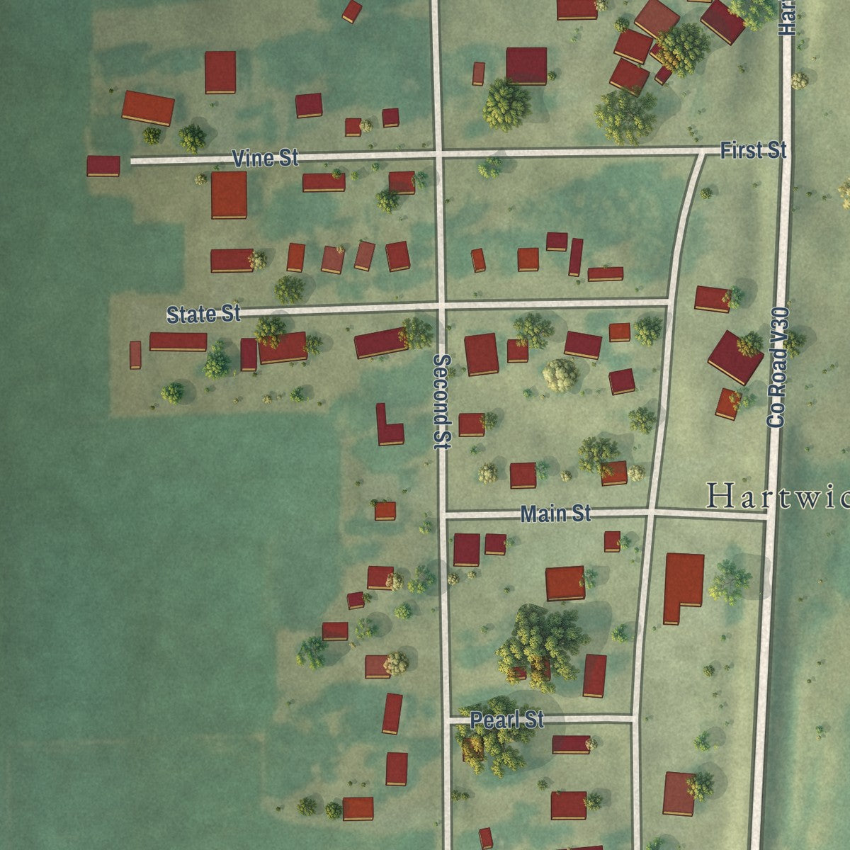 Close-up of the map of Hartwick, Iowa print showing street and building detail