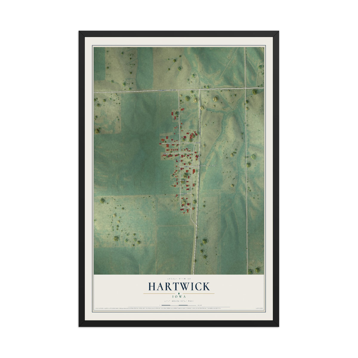 Map of Hartwick, Iowa, 12 x 18 inch print in a black wood frame