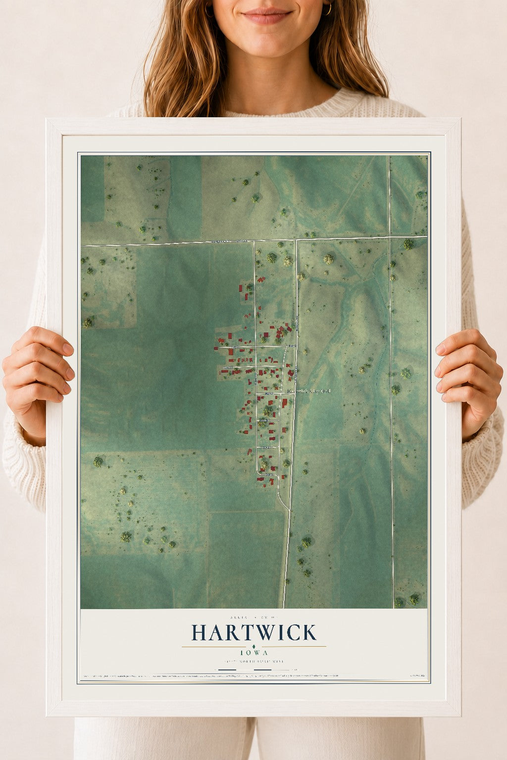 Map of Hartwick, Iowa, 18 x 24 inch print in a white wood frame