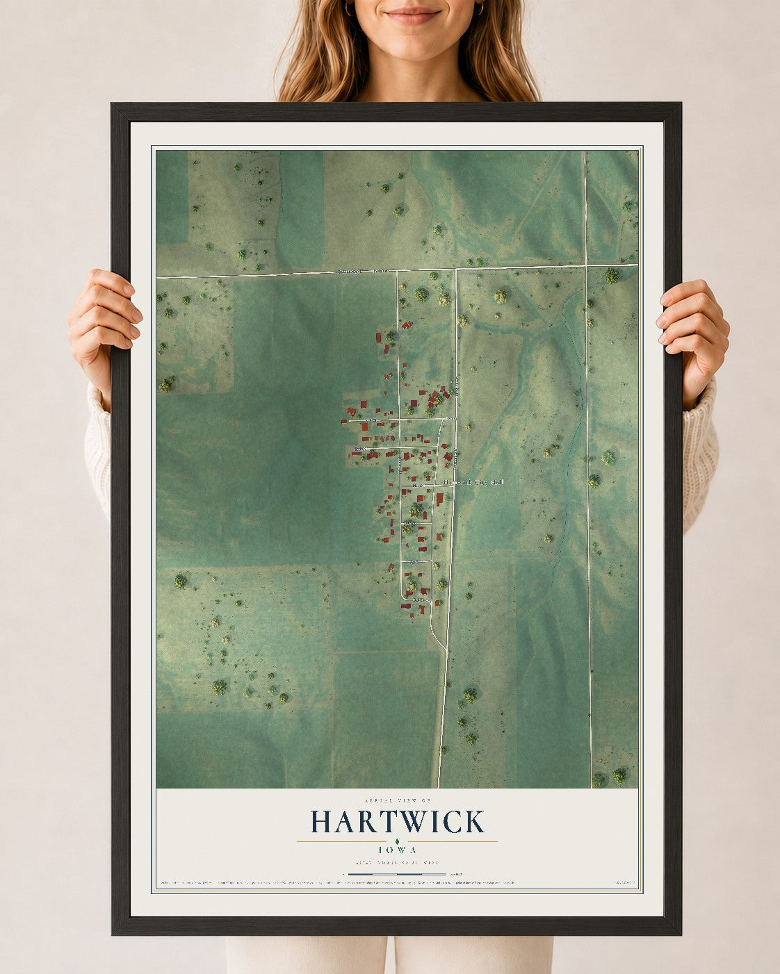 Map of Hartwick, Iowa, 24 x 36 inch print in a black wood frame