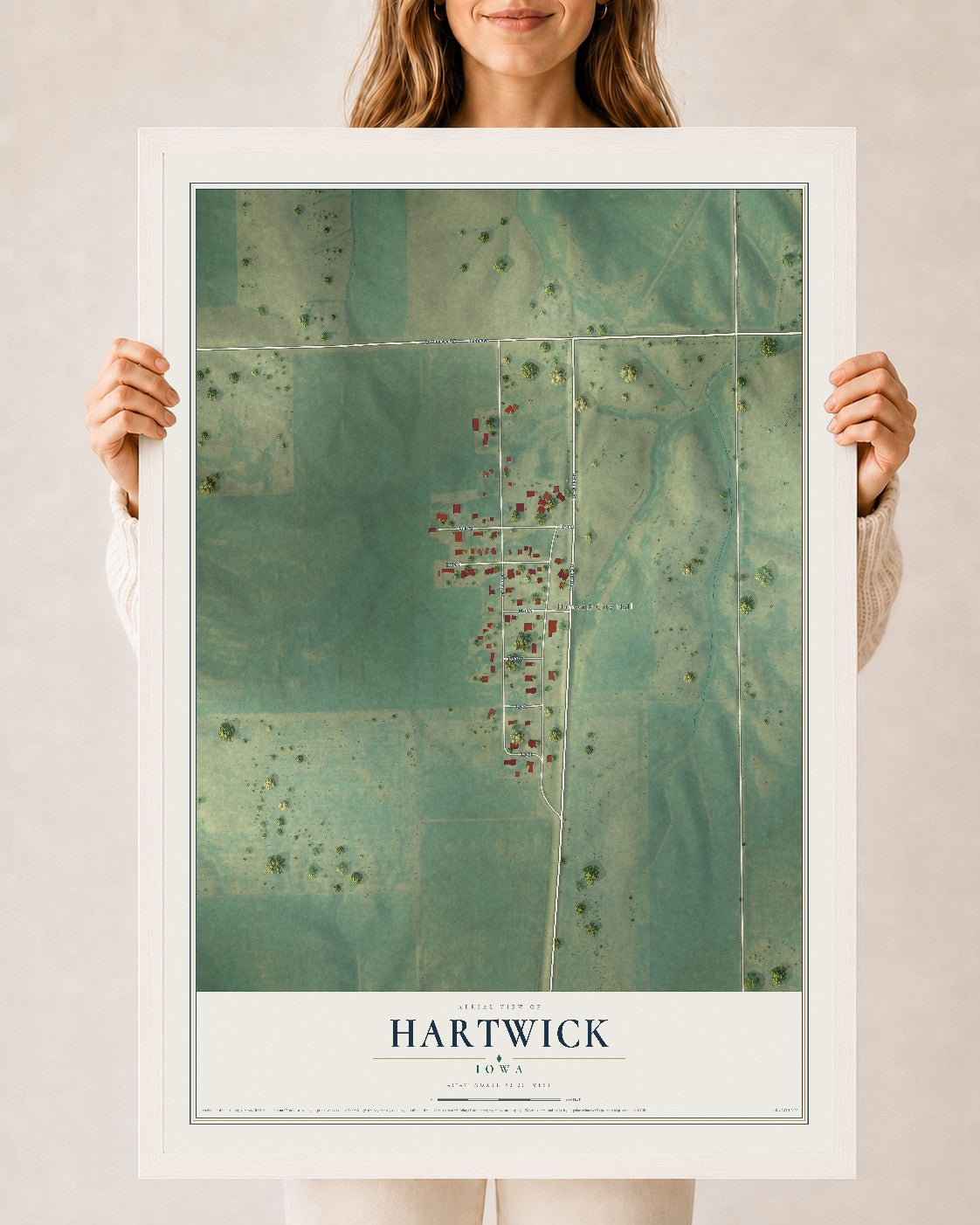 Map of Hartwick, Iowa, 24 x 36 inch print in a white wood frame