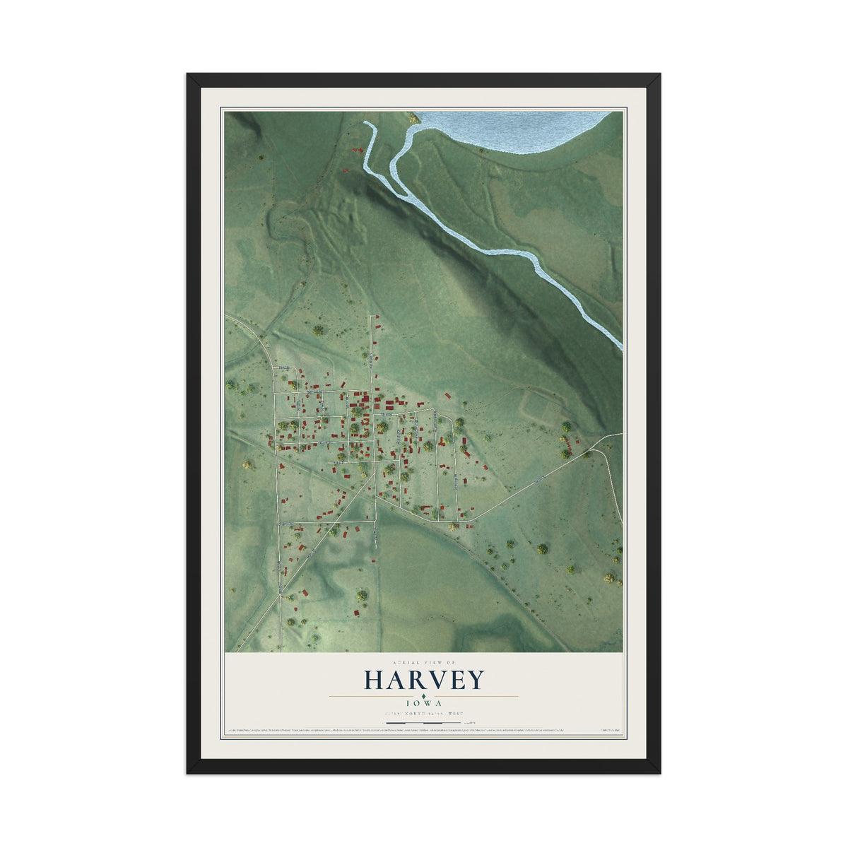 Map of Harvey, Iowa, 12 x 18 inch print in a black wood frame