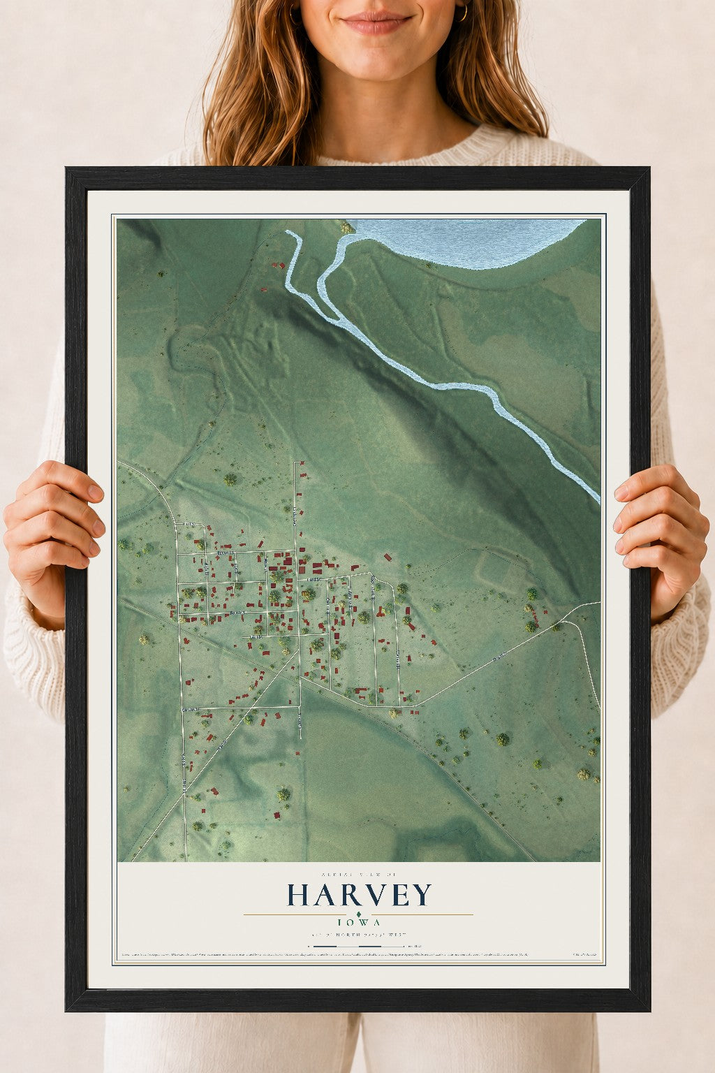 Map of Harvey, Iowa, 18 x 24 inch print in a black wood frame