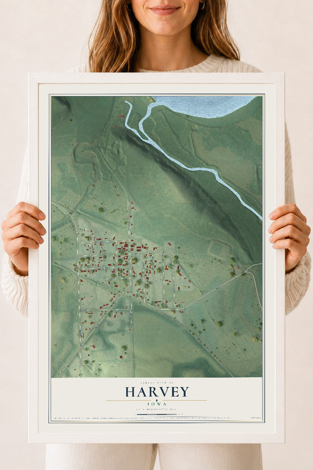 Map of Harvey, Iowa, 18 x 24 inch print in a white wood frame