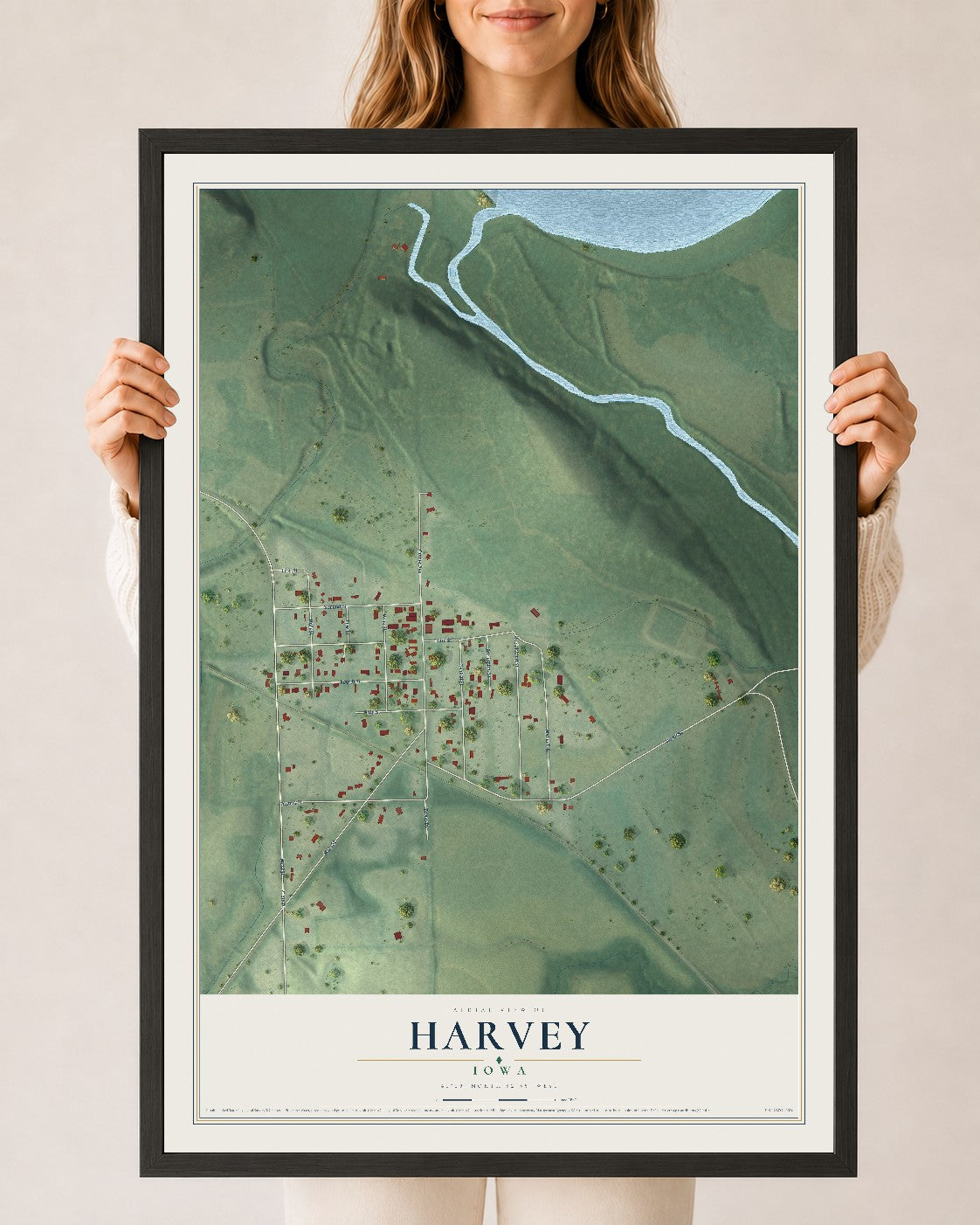 Map of Harvey, Iowa, 24 x 36 inch print in a black wood frame