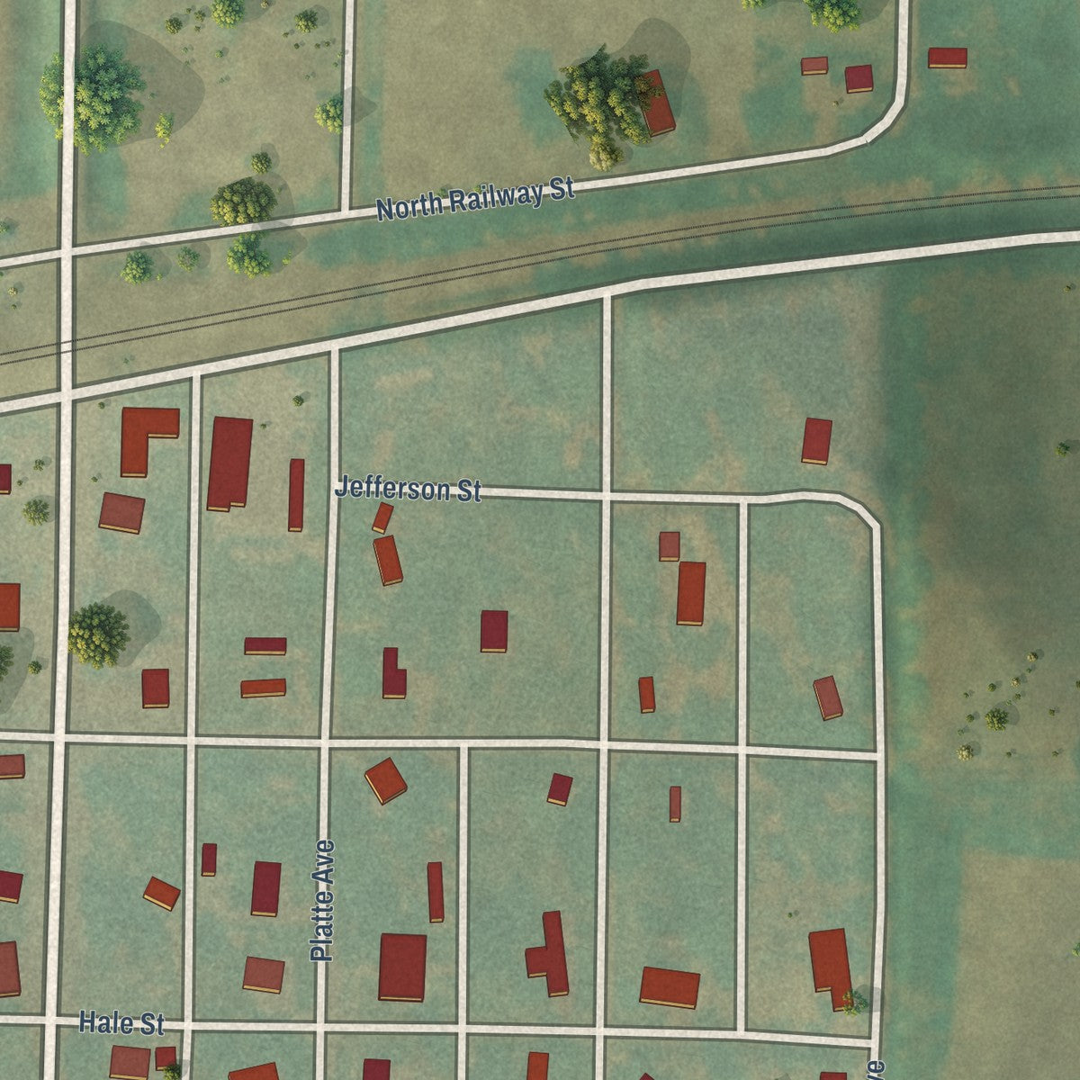 Close-up of the map of Hastings, Iowa print showing street and building detail