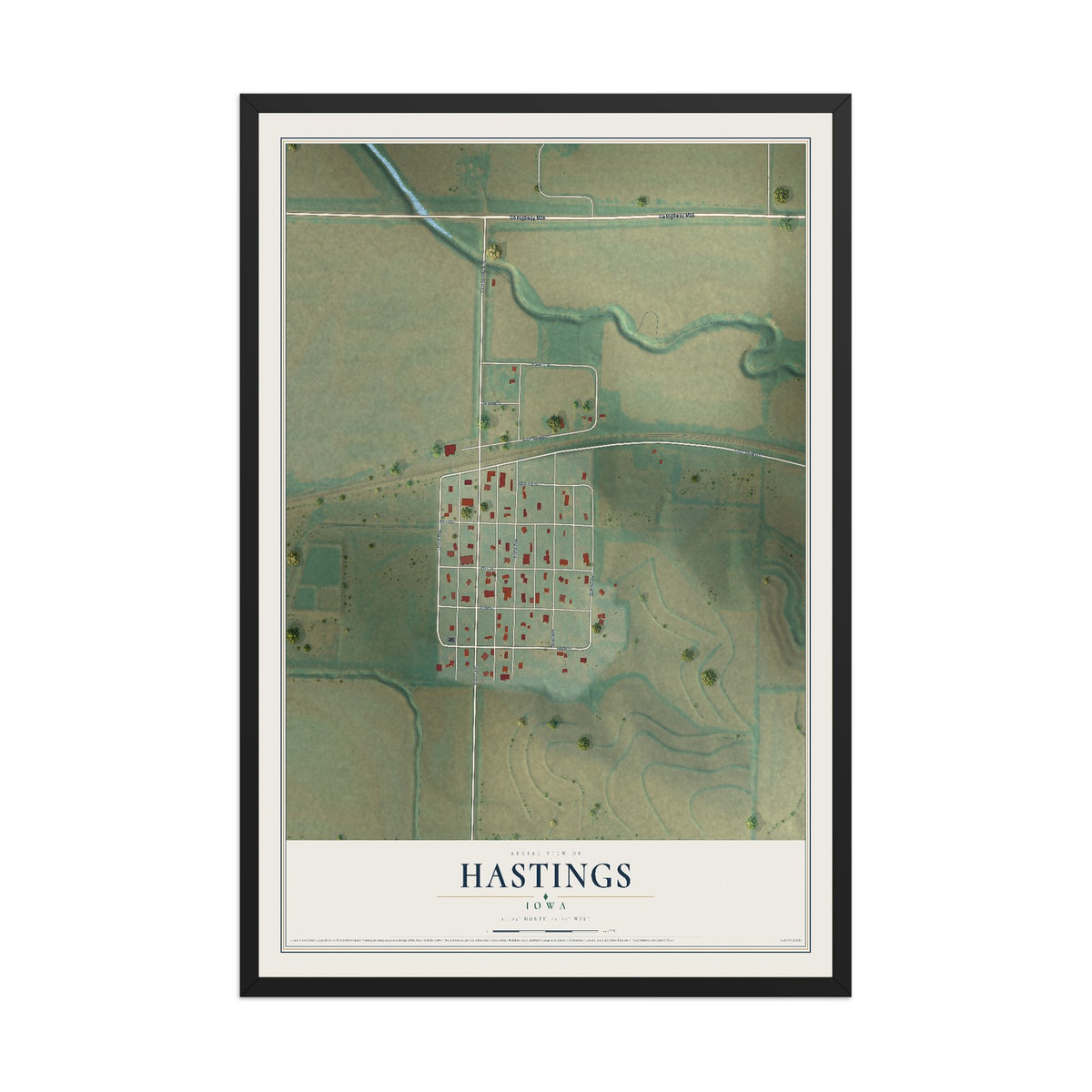 Map of Hastings, Iowa, 12 x 18 inch print in a black wood frame