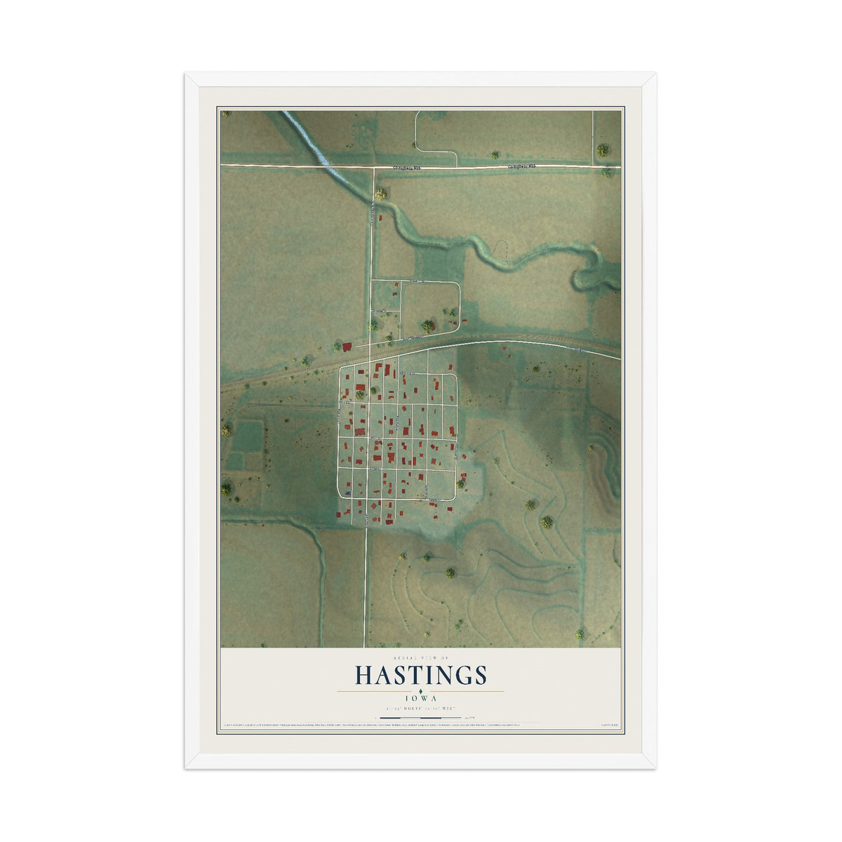 Map of Hastings, Iowa, 12 x 18 inch print in a white wood frame