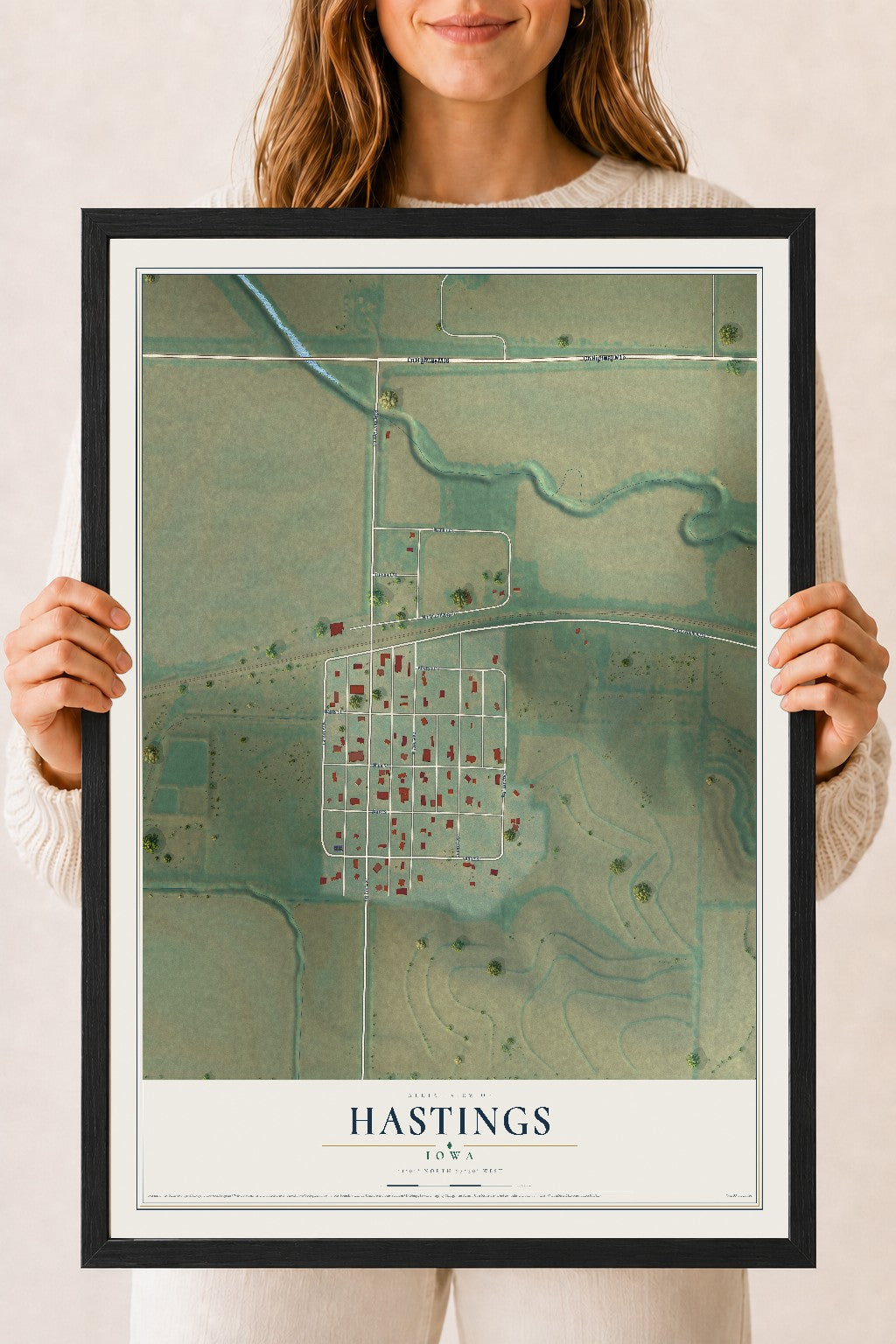 Map of Hastings, Iowa, 18 x 24 inch print in a black wood frame