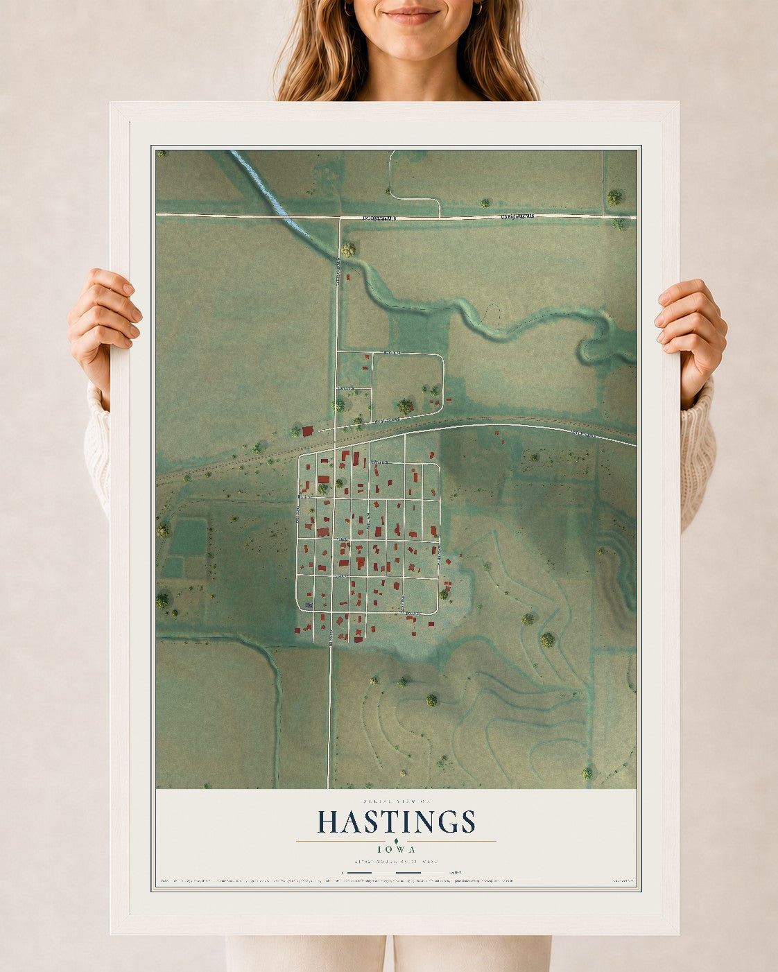 Map of Hastings, Iowa, 24 x 36 inch print in a white wood frame