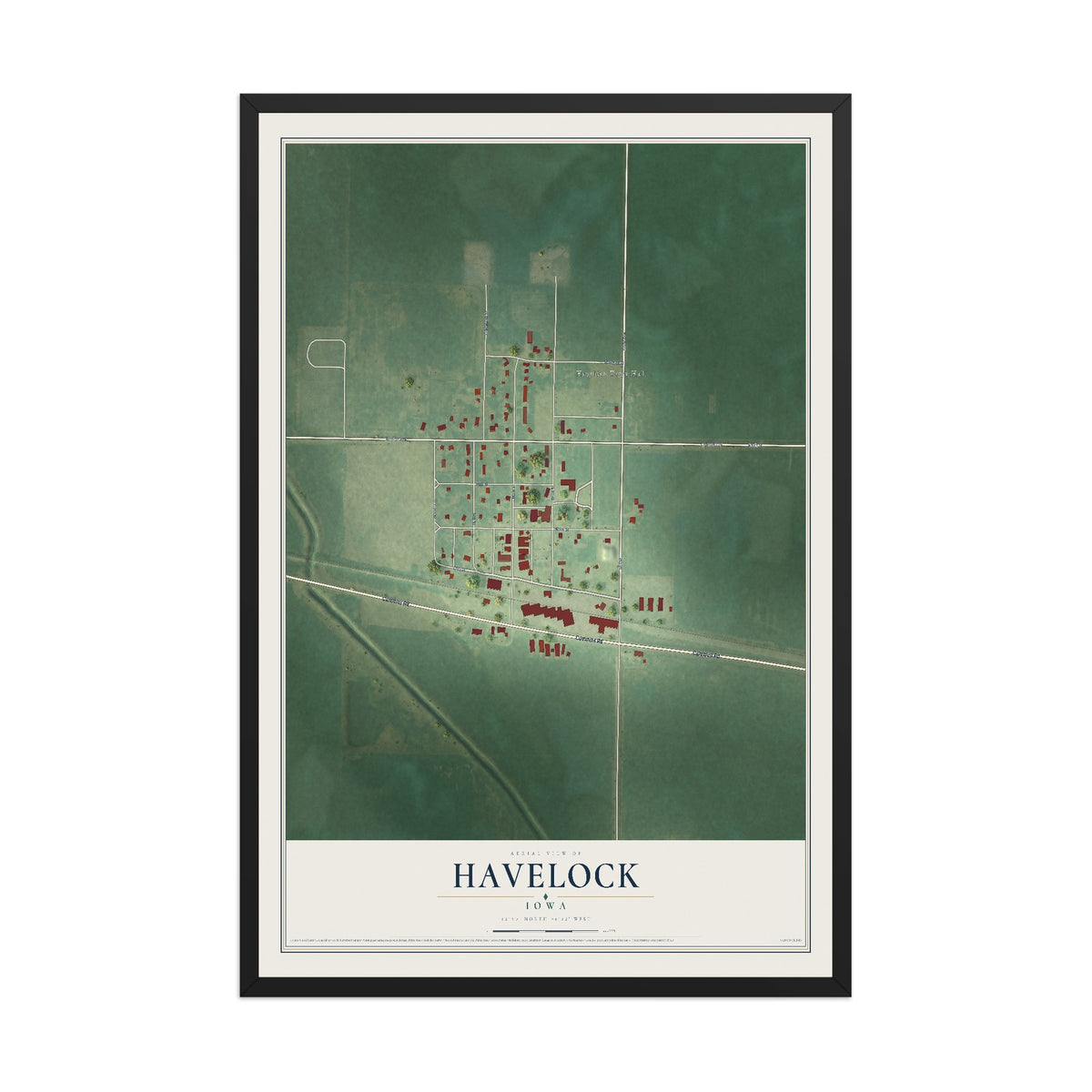 Map of Havelock, Iowa, 12 x 18 inch print in a black wood frame