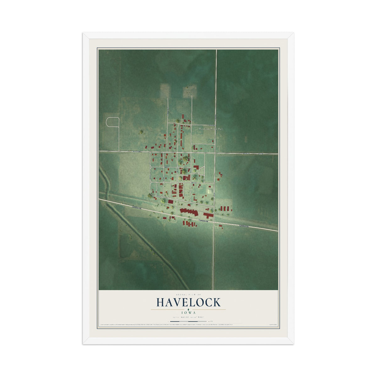 Map of Havelock, Iowa, 12 x 18 inch print in a white wood frame