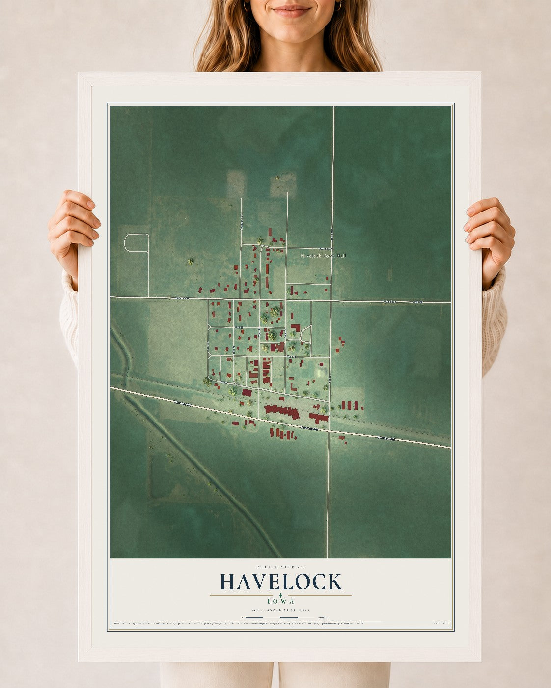 Map of Havelock, Iowa, 24 x 36 inch print in a white wood frame