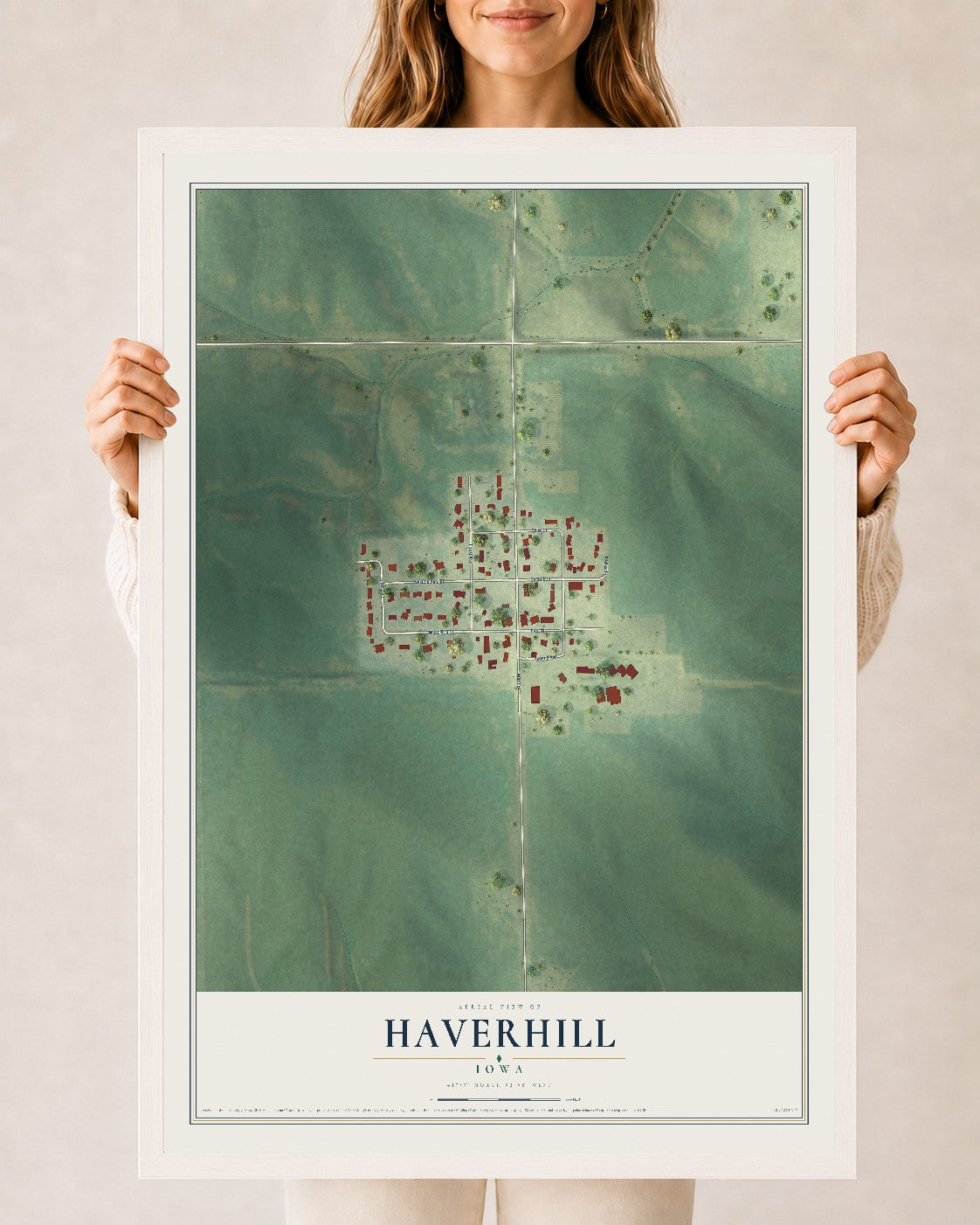 Map of Haverhill, Iowa, 24 x 36 inch print in a white wood frame