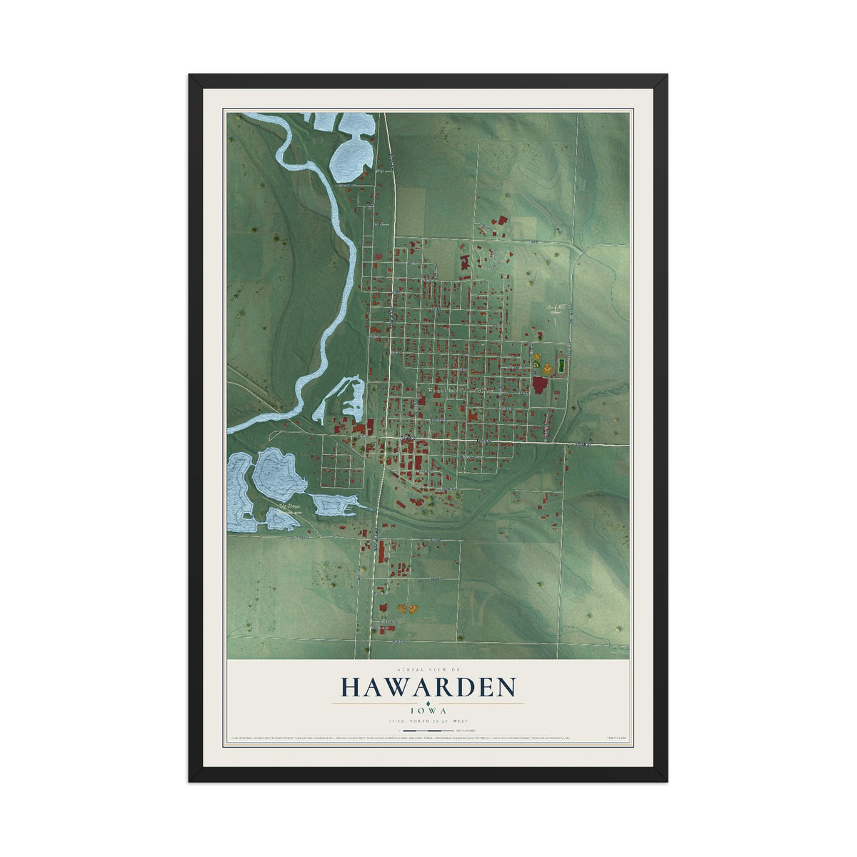 Map of Hawarden, Iowa, 12 x 18 inch print in a black wood frame
