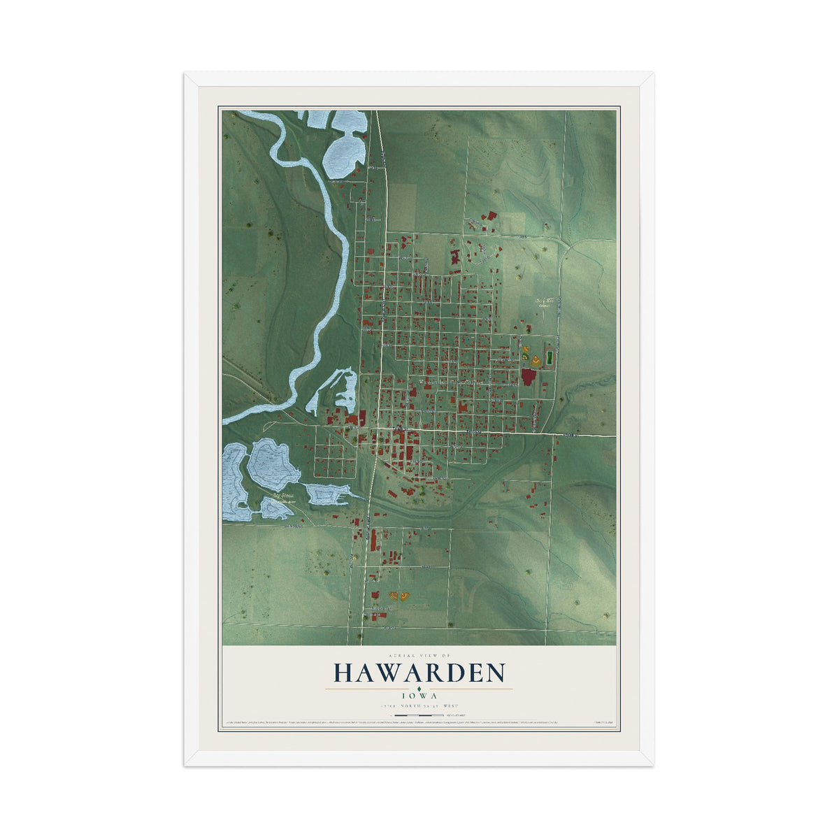 Map of Hawarden, Iowa, 12 x 18 inch print in a white wood frame